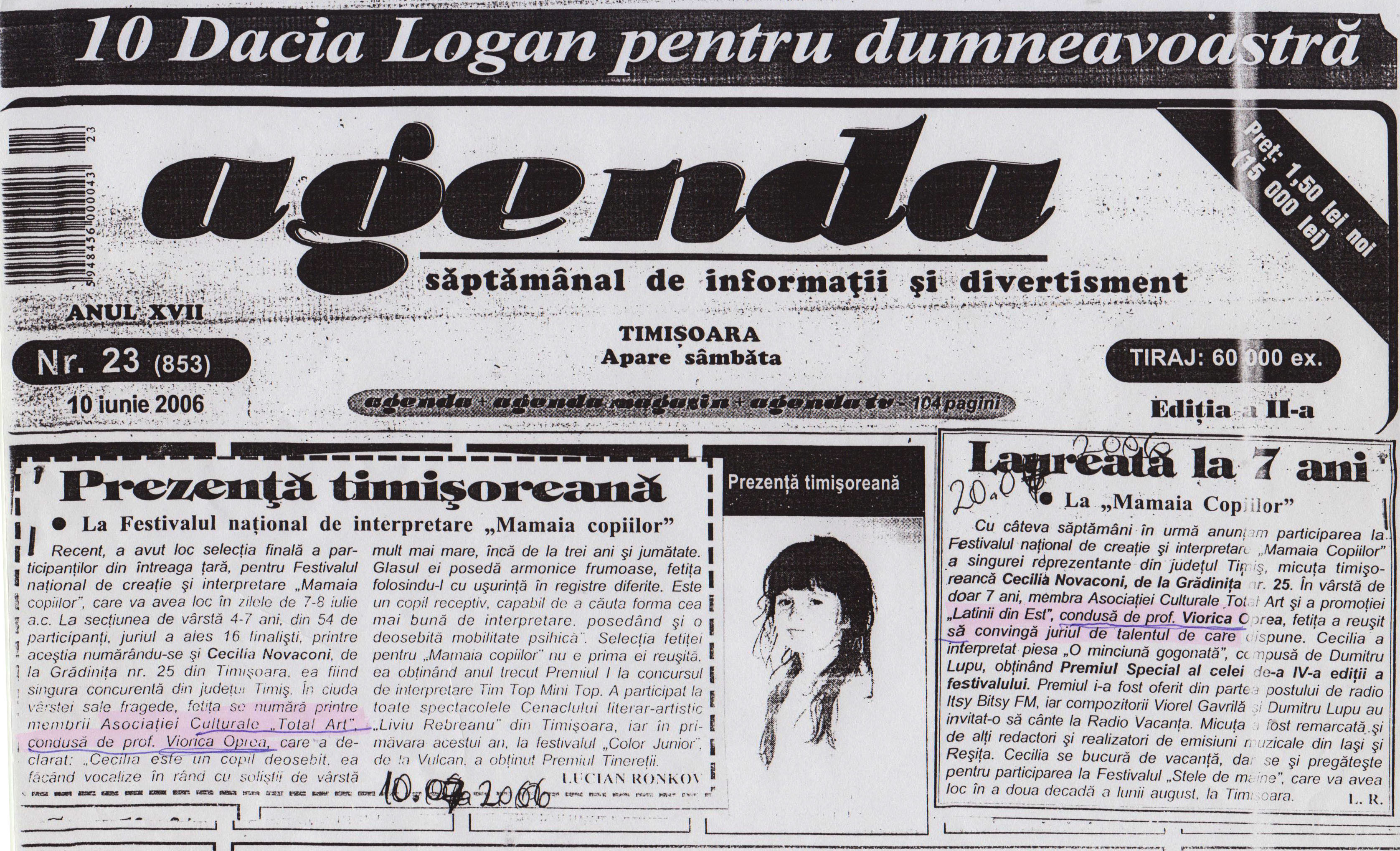 Material de presă — Membra a Asociatiei Culturale - in Belgia - deschiderea concertului Elenei Gheorghe. Inca doua materiale de cand aceeasi Cecilia Novaconi, a luat 2 premii la Mamaia Copiilor.