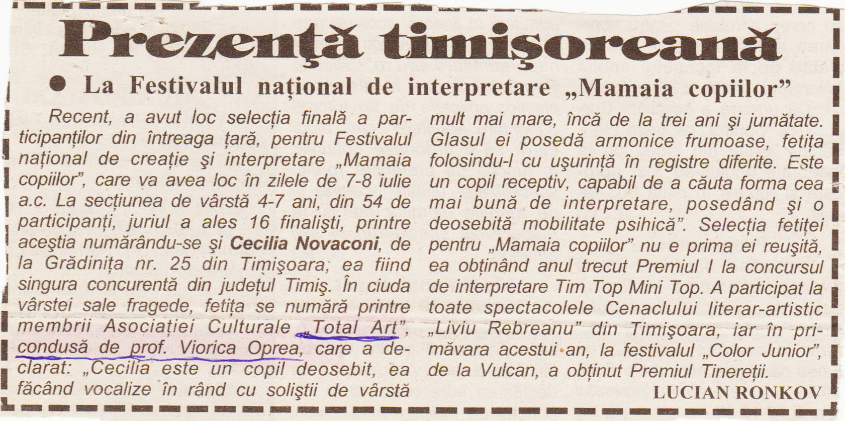 Material de presă — Doua materiale cu Alina (Jais), cand a primit premiul II la Festivalul Mamaia - instructor - Oprea Viorica.